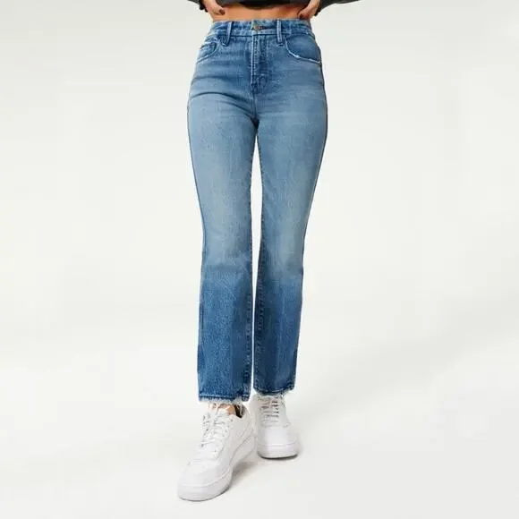 Good American Good Curve Straight Jeans Natural Fray Hem Blue 868 - Picture 2 of 8